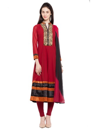 Faux Georgette Readymade Anarkali Salwar Suit in Red
