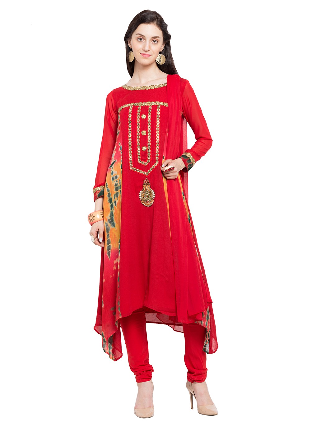 Faux Georgette Red Embroidered Readymade Churidar Salwar Kameez