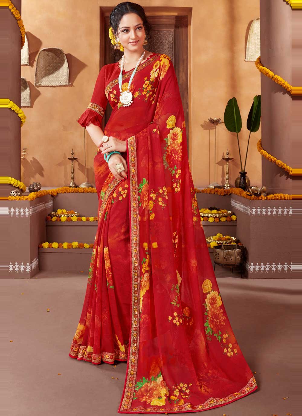 Ready To Wear Red Bandhani Print Saree With Hand Embroidered Blouse -  SA00806