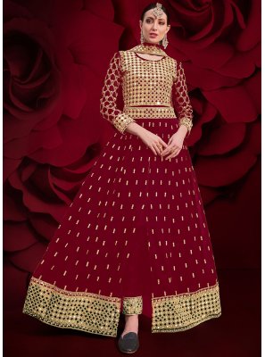 Faux Georgette Resham Floor Length Anarkali Suit in Maroon