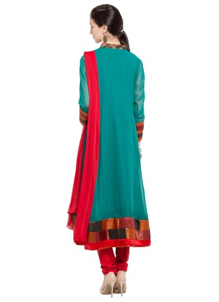 Faux Georgette Sea Green Embroidered Readymade Anarkali Salwar Suit
