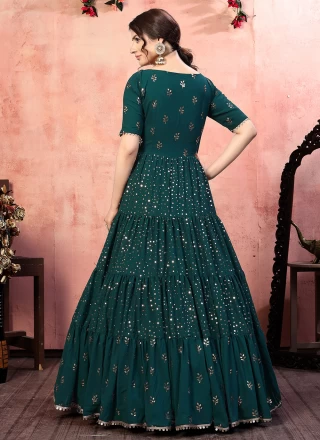 Faux Georgette Sequins Green Designer Gown