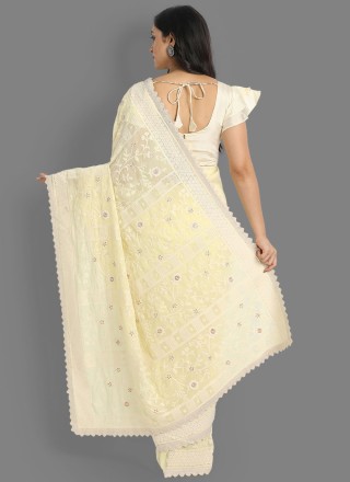 Faux Georgette Yellow Embroidered Classic Saree