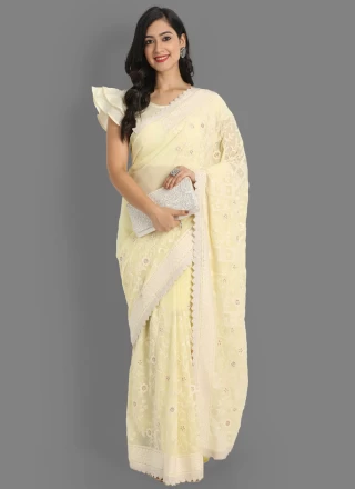 Faux Georgette Yellow Embroidered Classic Saree