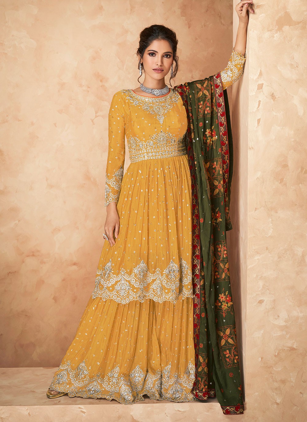 Faux Georgette Yellow Embroidered Designer Suit