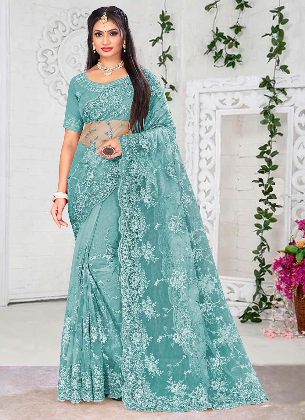 Zari,embroidered Silk Teal Saree with Blouse - SR22468