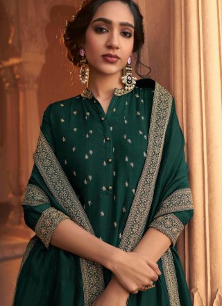 Floor Length Anarkali Salwar Suit Embroidered Silk in Green