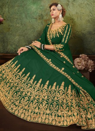 Floor Length Anarkali Suit Embroidered Faux Georgette in Green
