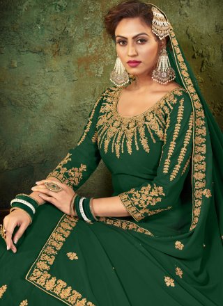 Floor Length Anarkali Suit Embroidered Faux Georgette in Green