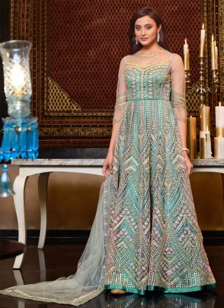 Floor Length Anarkali Suit Embroidered Net in Aqua Blue
