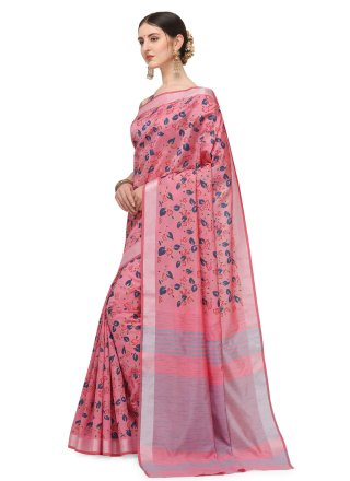 Floral Print Pink Cotton Silk Printed Saree