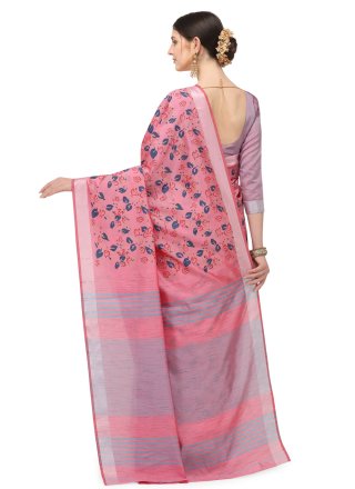 Floral Print Pink Cotton Silk Printed Saree