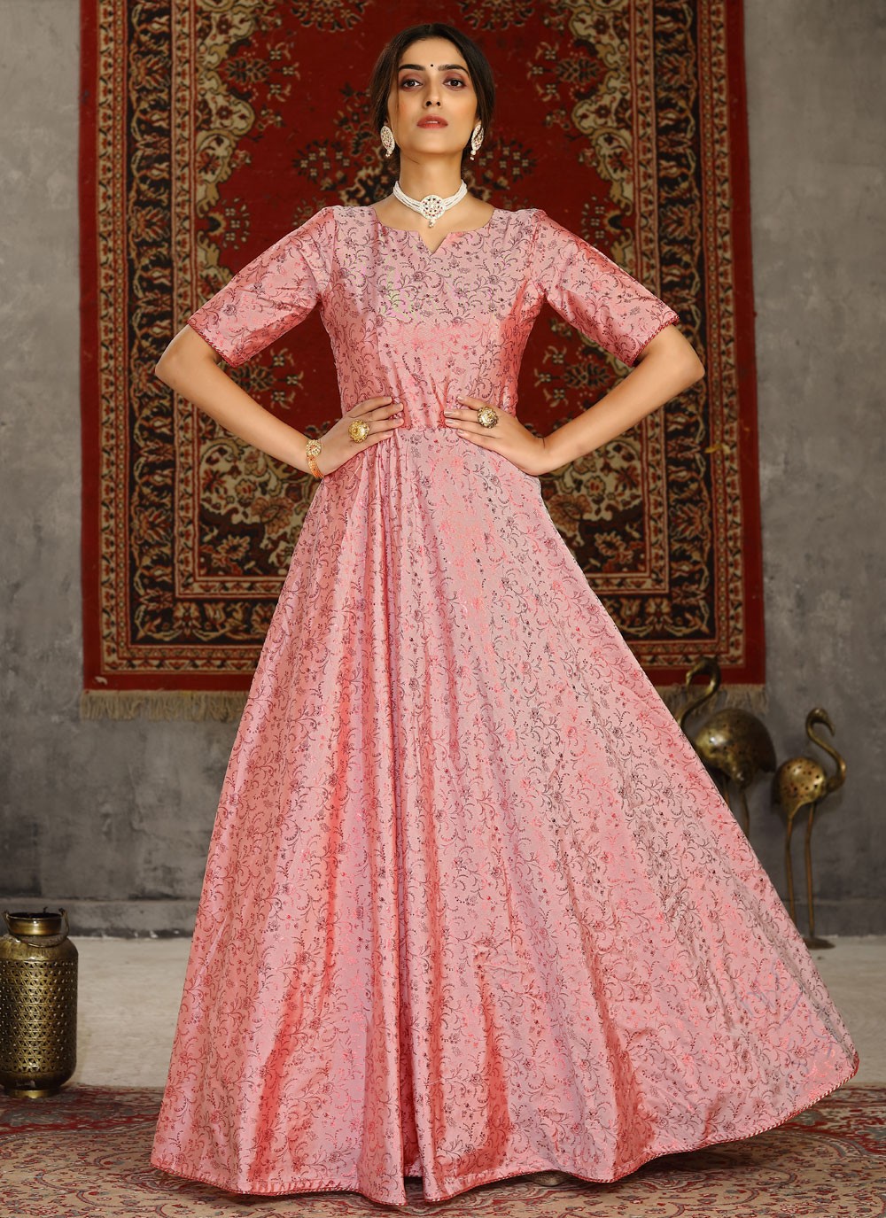 Foil Print Tafeta Silk Designer Gown in Pink