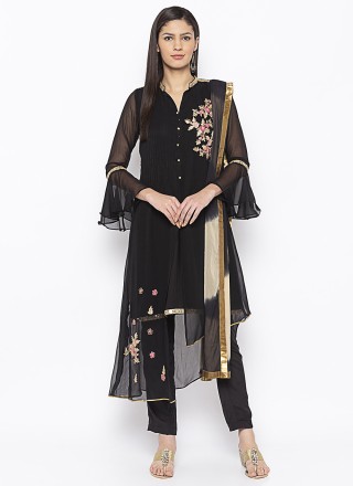 Georgette Black Embroidered Pant Style Suit