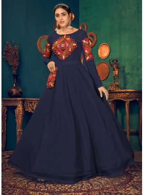 Georgette Embroidered Blue Floor Length Gown