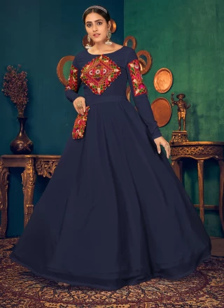 Georgette Embroidered Blue Floor Length Gown