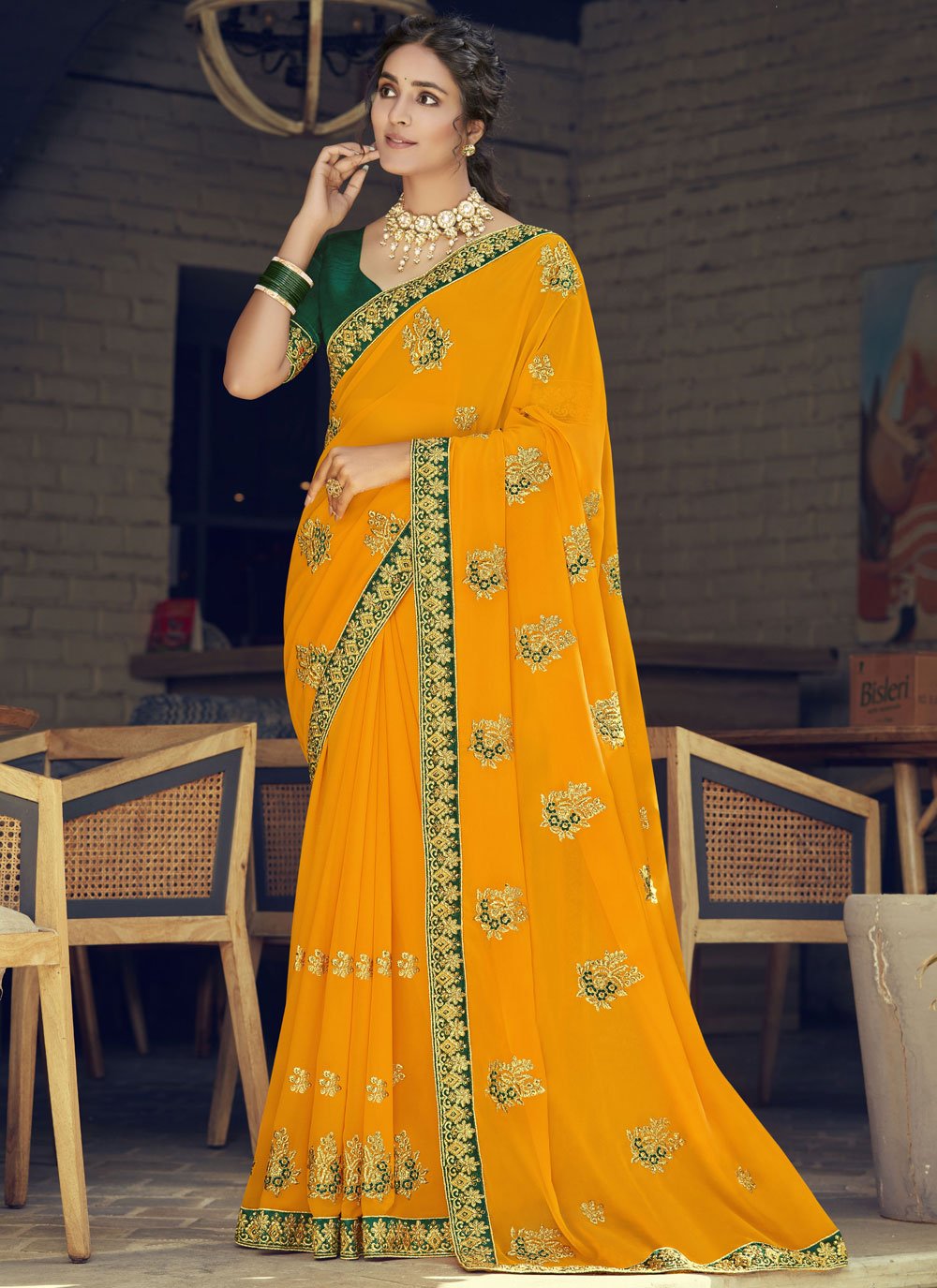 Georgette Embroidered Yellow Traditional Saree
