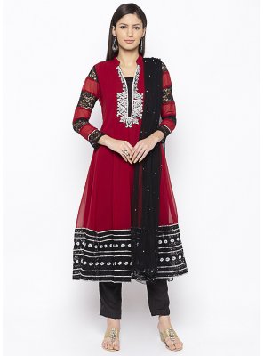 Georgette Maroon Embroidered Pant Style Suit