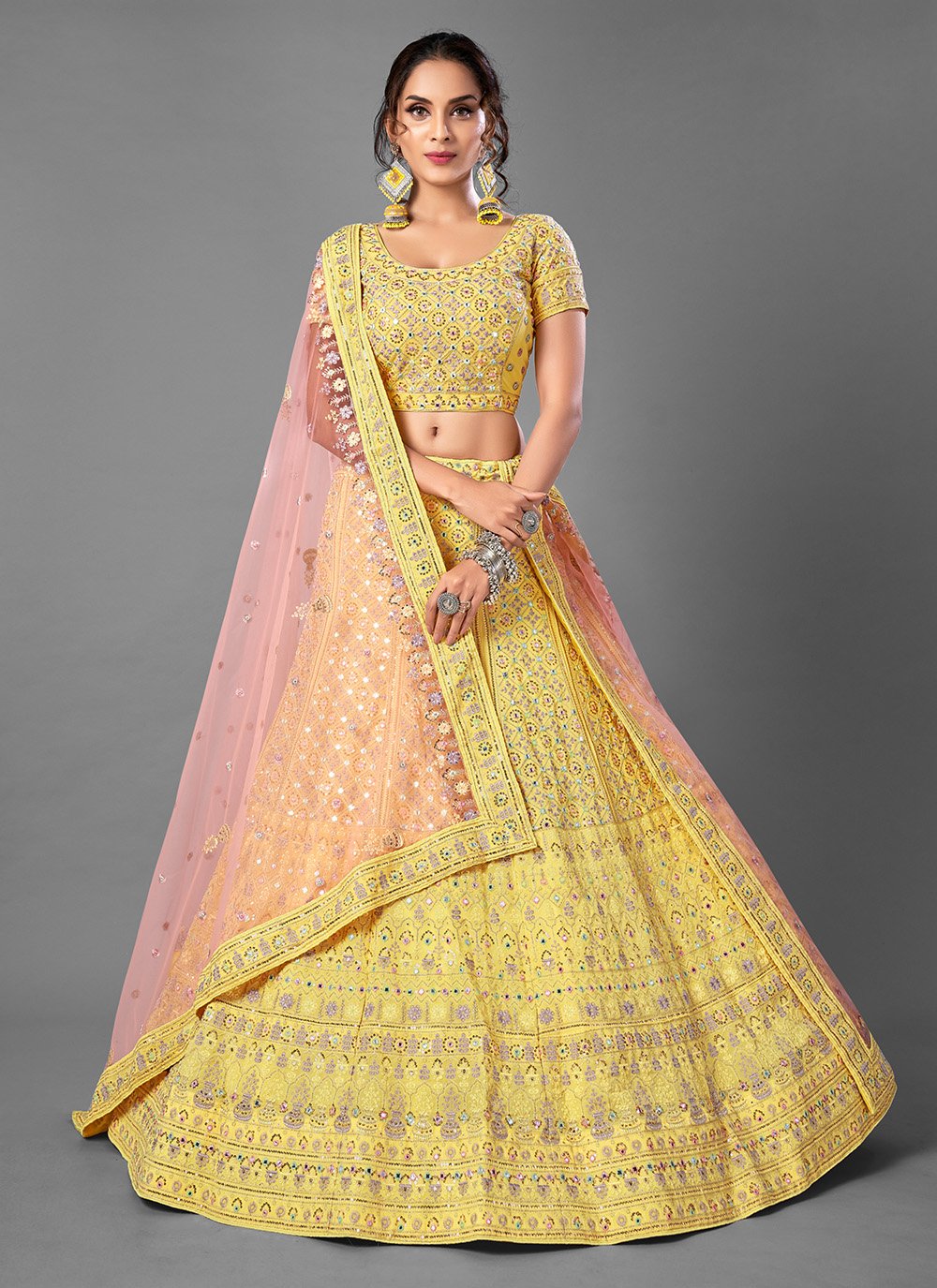 Yellow Mirror, Stone and Threadwork Semi-Stitched Designer Bridal Lehe –  Seasons Chennai