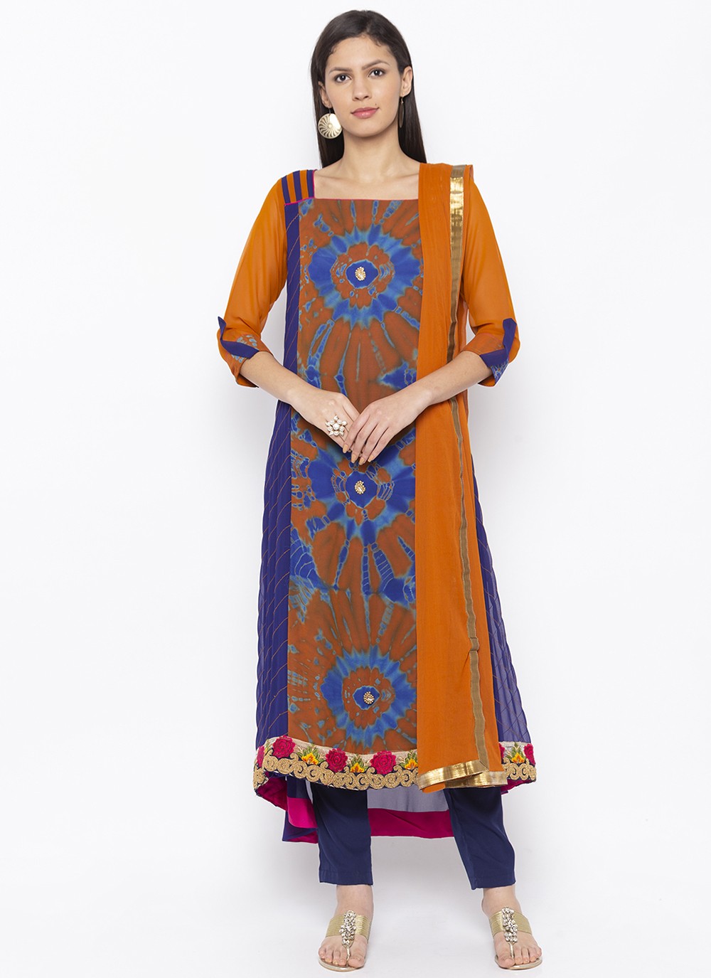 Georgette Printed Pant Style Suit in Blue and Mustard