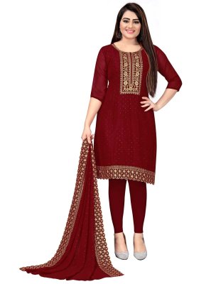 Georgette Red Embroidered Pant Style Suit