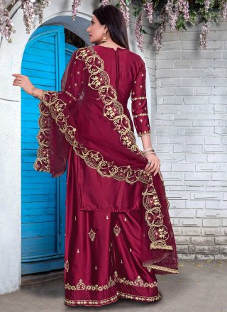 Georgette Satin Maroon Embroidered Designer Pakistani Salwar Suit