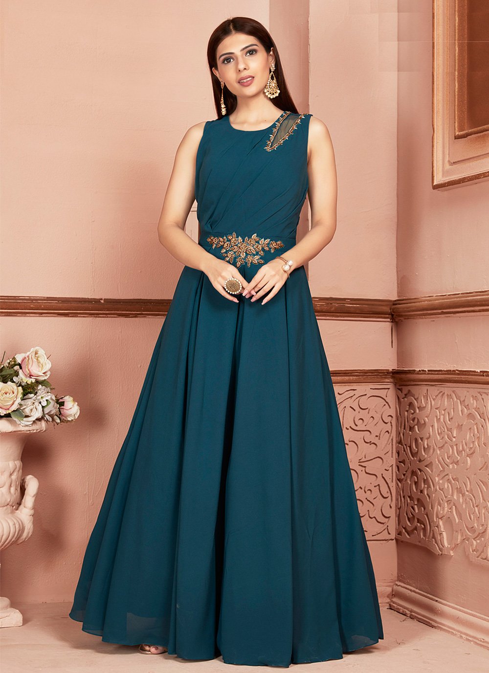 Georgette Teal Readymade Suit
