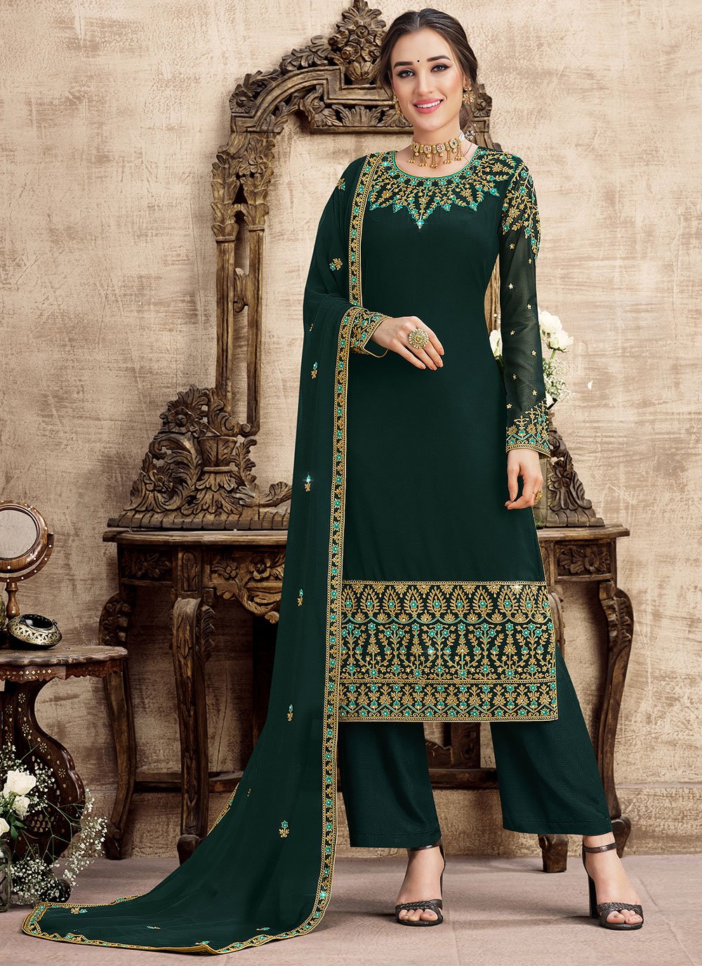 Georgette Turquoise Embroidered Designer Palazzo Salwar Suit