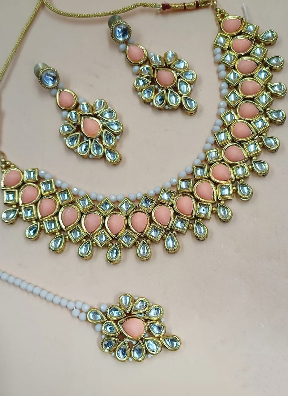 Gold and Pink Stone Work Party Necklace Set