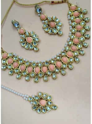 Gold and Pink Stone Work Party Necklace Set