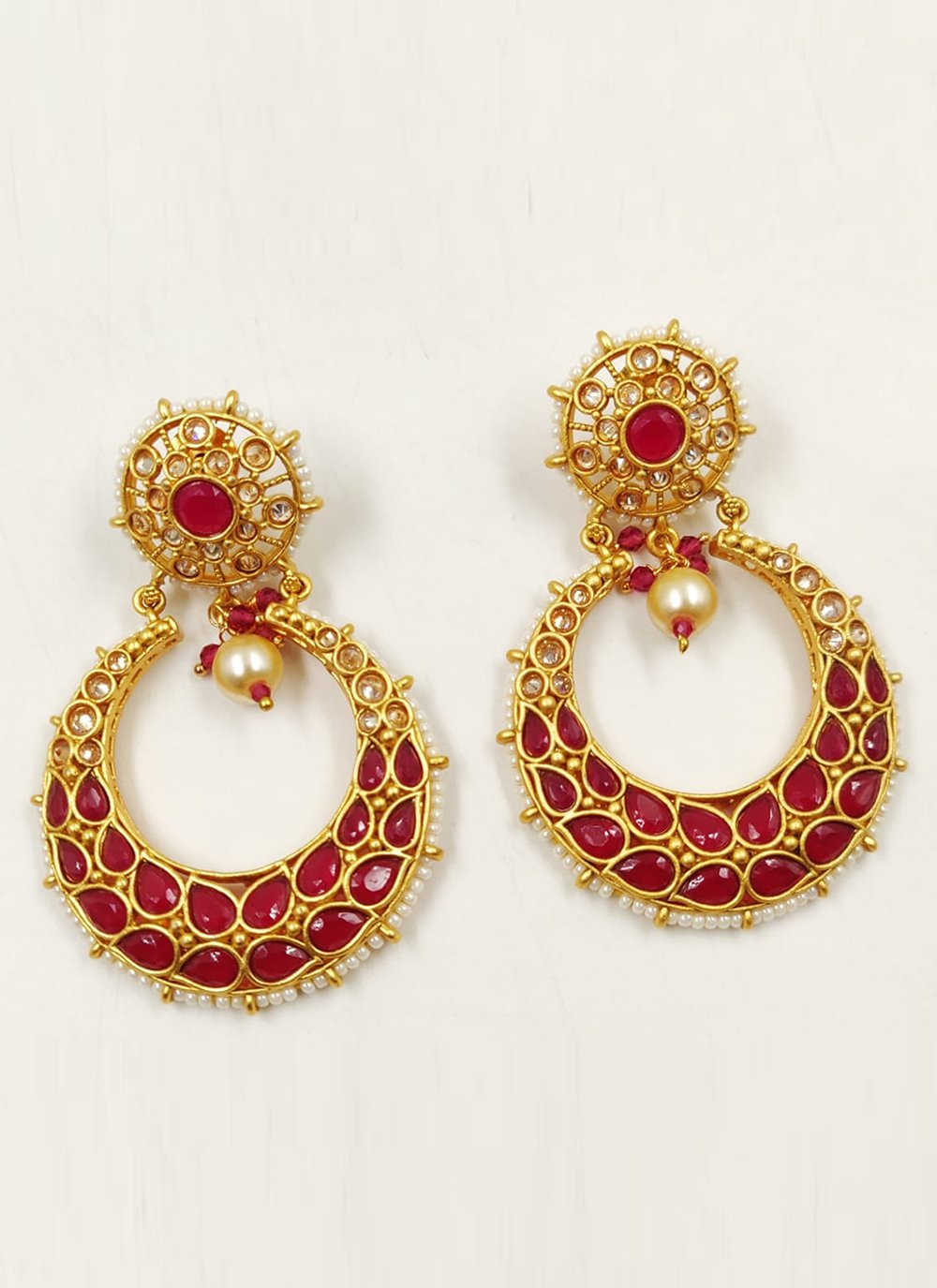 Gold and Red Moti Ear Rings