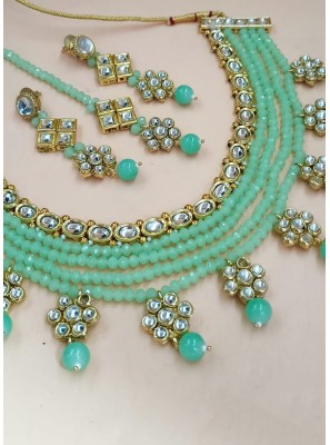 Gold and Sea Green Stone Work Necklace Set