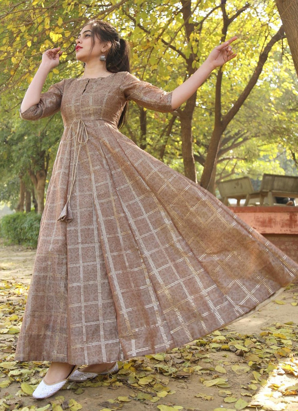 Gown Foil Print Chanderi in Brown