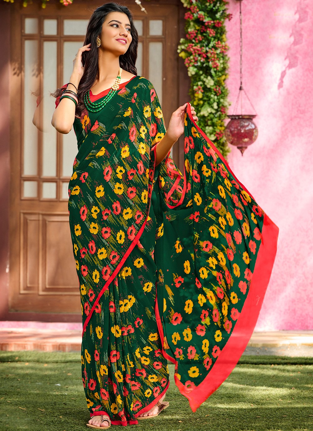 Green Abstract Print Faux Georgette Casual Saree