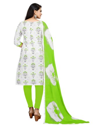 Green and Off White Cotton Print Churidar Suit