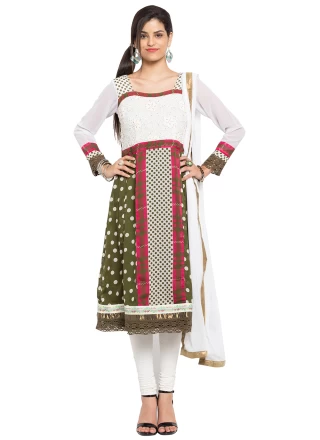 Green and Off White Polka Dotted Faux Georgette Readymade Anarkali Salwar Suit