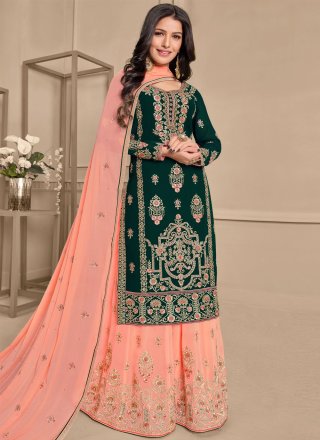 Green and Peach Embroidered Faux Georgette Designer Pakistani Suit