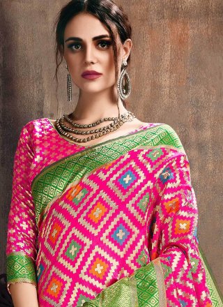 Green and Pink Poly Silk Ceremonial Designer Traditional Saree