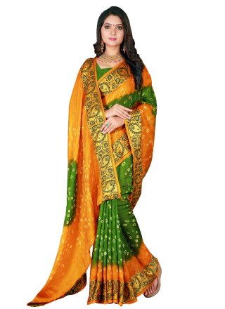 Green and Yellow Patch Border Art Silk Designer Traditional Saree