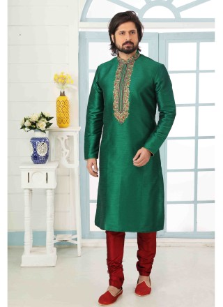 Green Art Banarasi Silk Engagement Kurta Pyjama