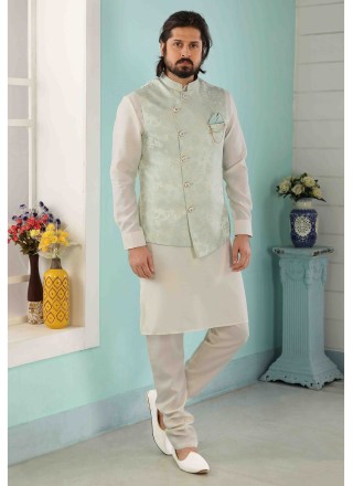 Green Art Banarasi Silk Print Kurta Payjama With Jacket