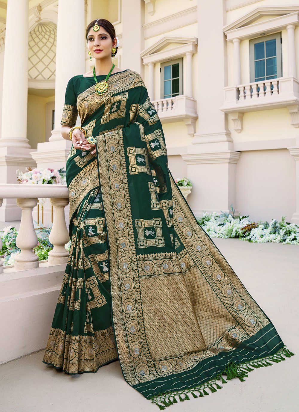 Bottle Green Banarasi Silk Woven Zari Saree|SARV142045