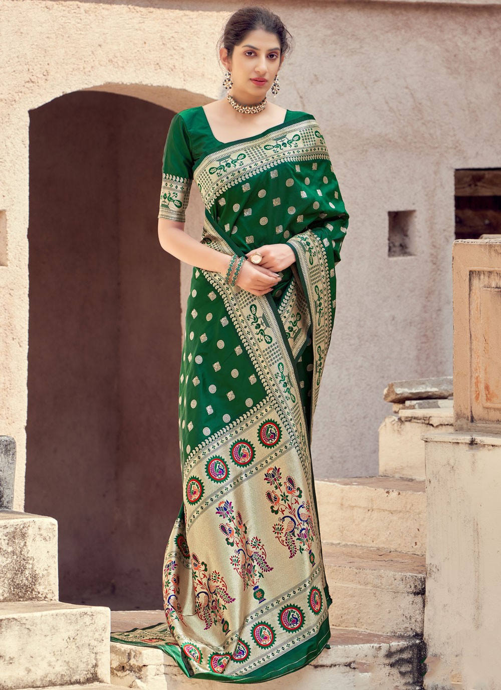 Green Banarasi Silk Traditional Designer Saree
