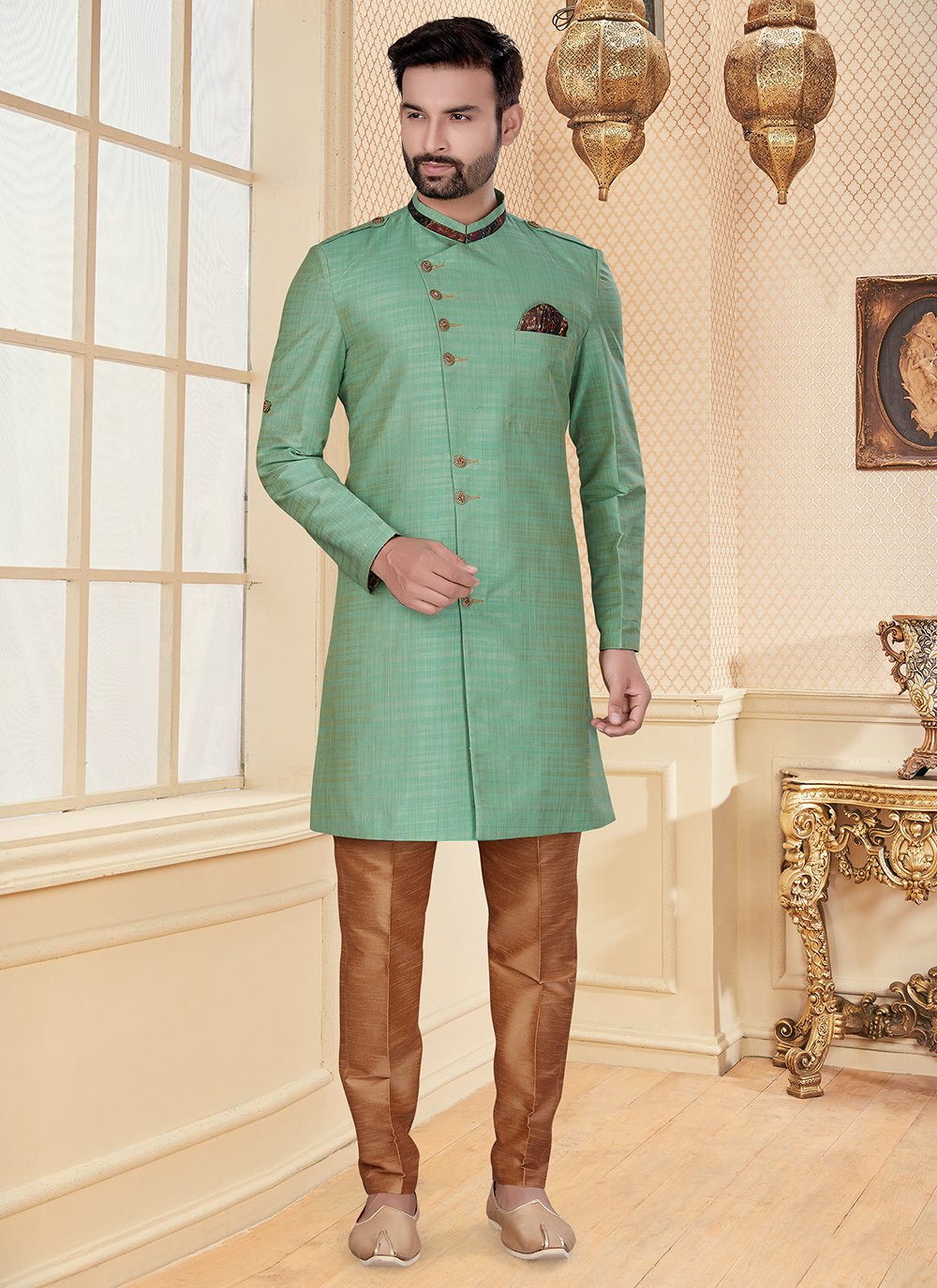 Green Buttons Engagement Indo Western Sherwani