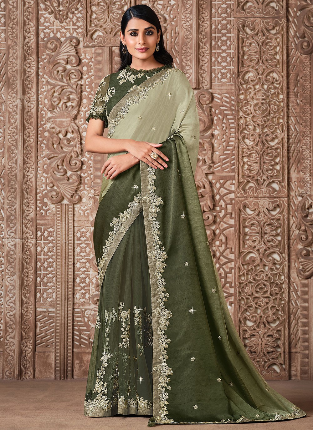 Green Ceremonial Satin Silk Shaded Saree
