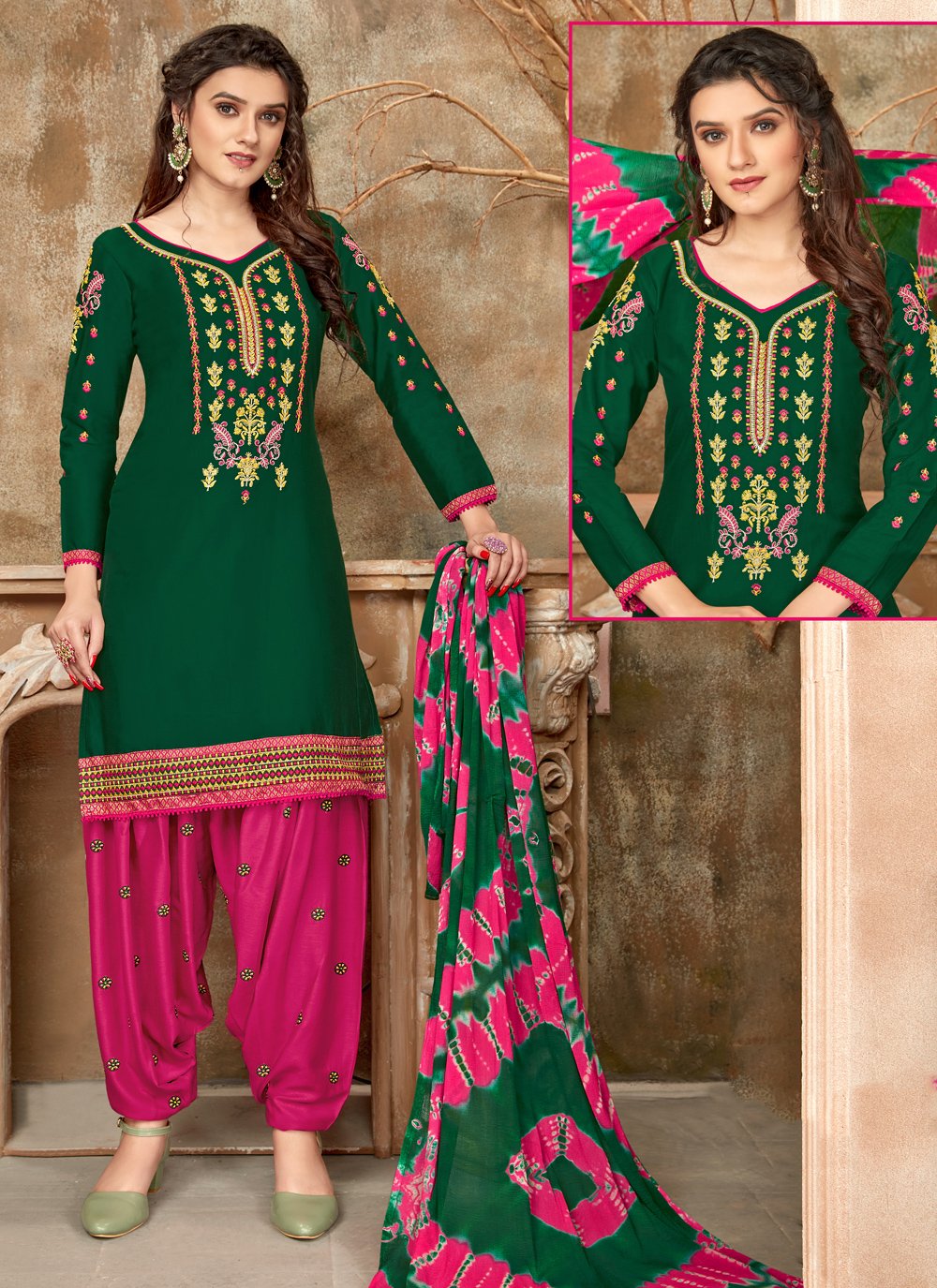 Buy Green Cotton Designer Patiala Suit : 173061