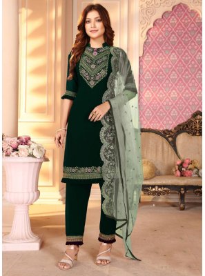 Green Embroidered Faux Georgette Pant Style Suit