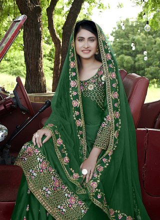 Green Embroidered Satin Designer Pakistani Salwar Suit
