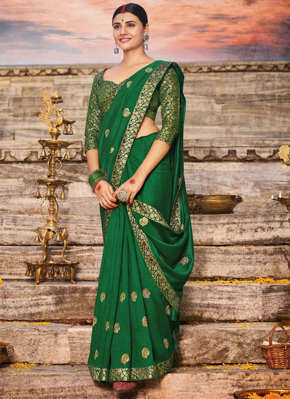 Green Embroidered Traditional Saree
