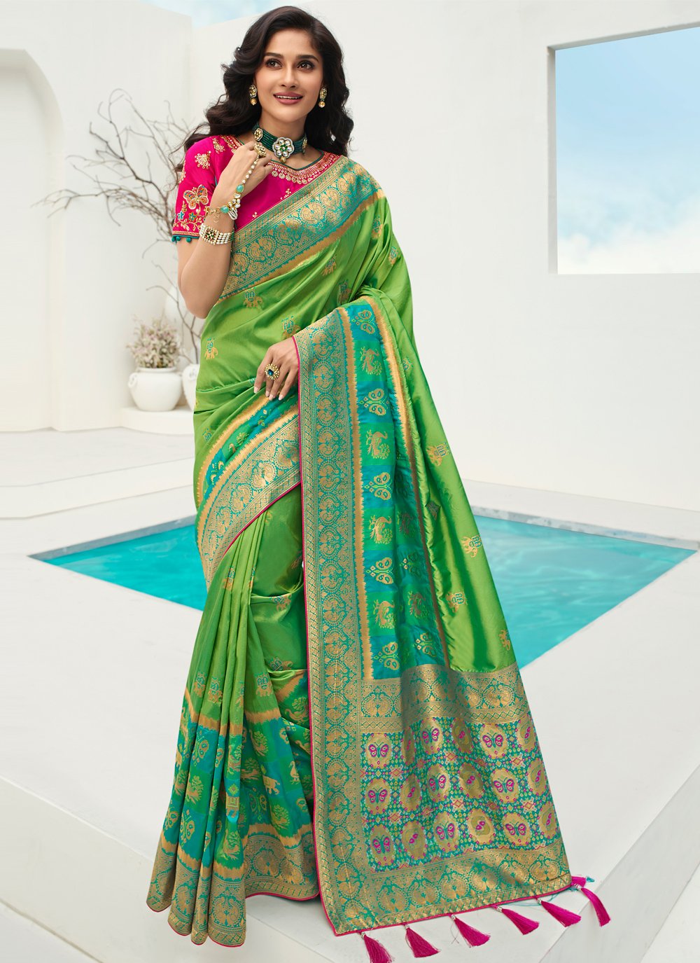 Buy Kalapushpi Self Design Banarasi Cotton Blend, Pure Silk Dark Green  Sarees Online @ Best Price In India | Flipkart.com